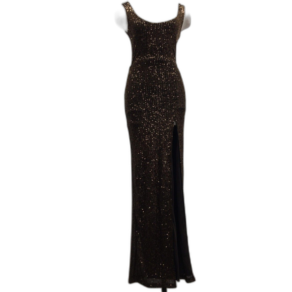 EUC Fashion Nova Brown Sequin Slim Fit Thigh Slit Formal Evening Gown Women S